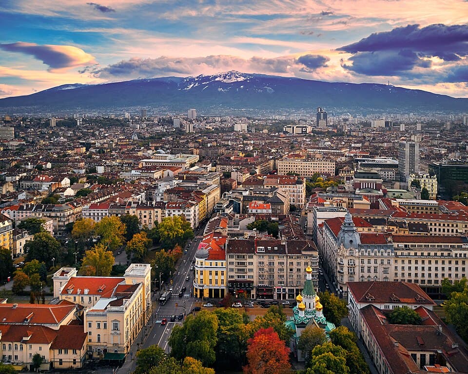 A panoramic view over central Sofia with Vitosha Mountain rising behind the city