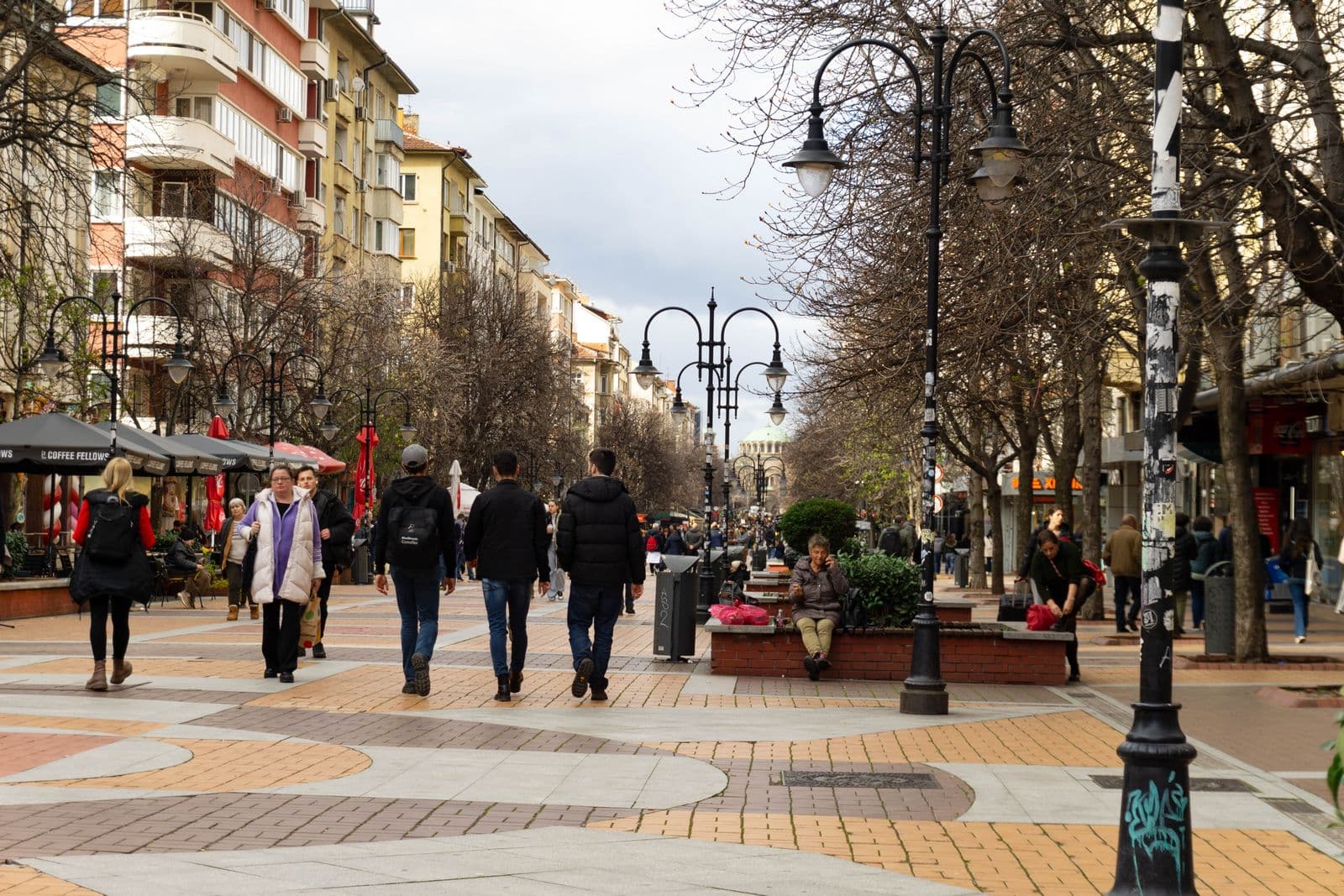 Pedestrians walking along Vitosha Boulevard, Sofia's main pedestrianised street