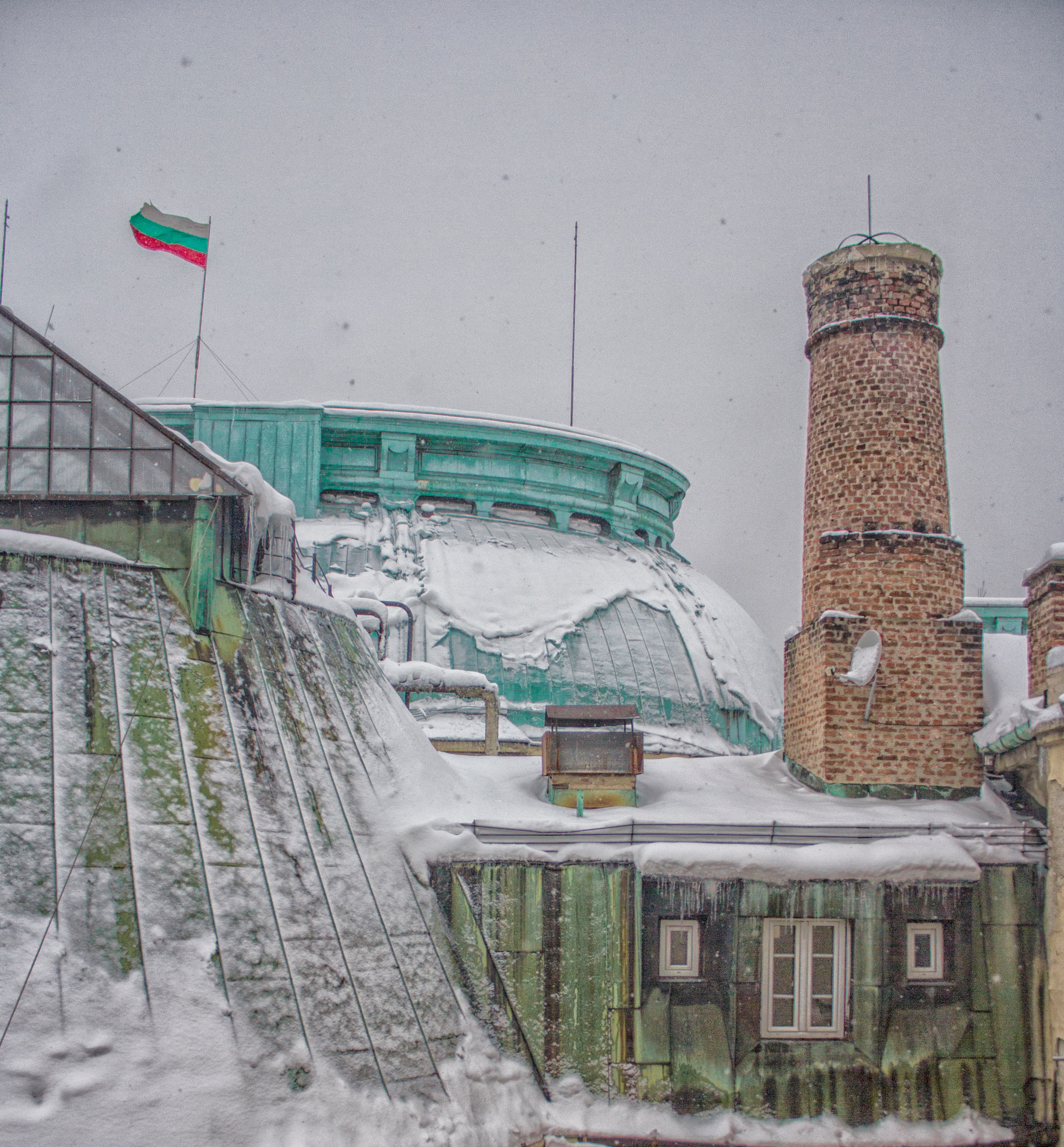 Sofia University's rectorate building under snow in winter
